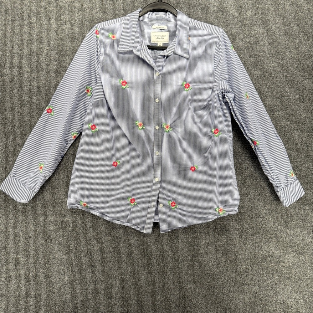 Charter Club Shirt Womens 12 Blue Striped Flower‎ Button Up Artsy Casual Boho